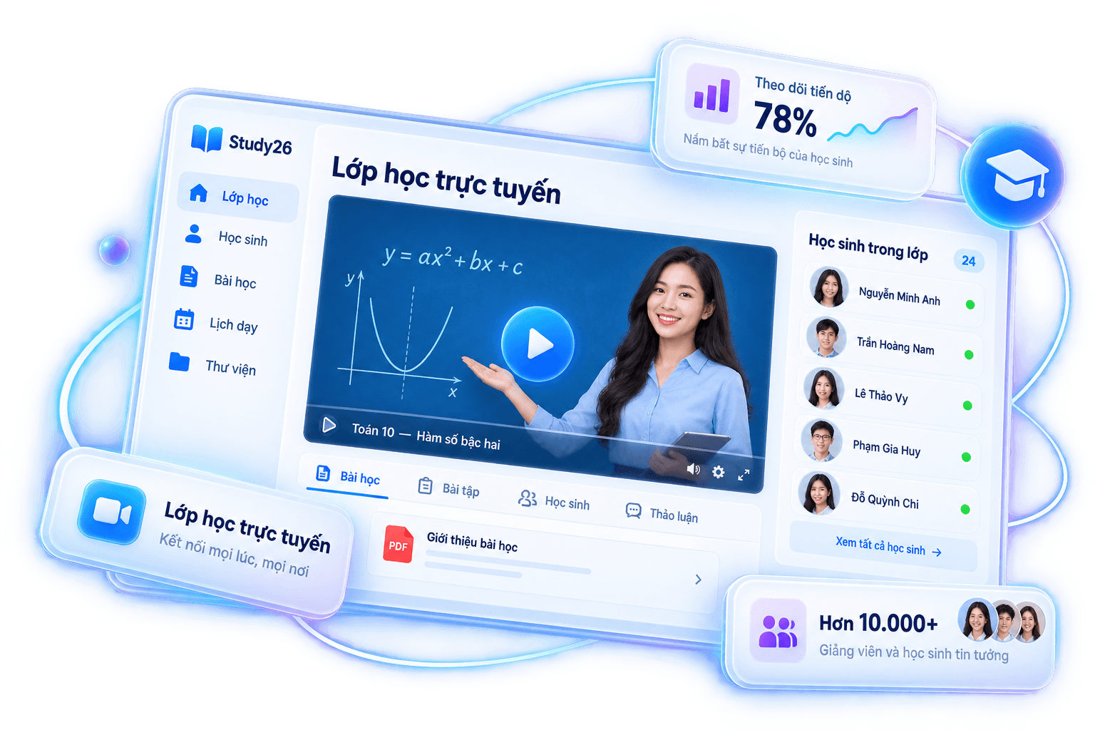 Lớp học Study26 với giáo viên, bảng Toán, danh sách học sinh và theo dõi tiến độ